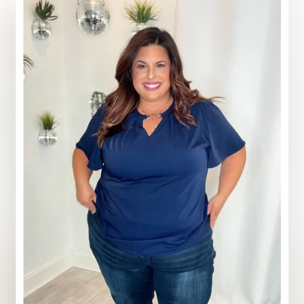 BloomChic Navy Blue V-Neck Flutter Sleeve Blouse